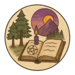 Libro degli incantesimi aperto con candela accesa, pentacolo e paesaggio di tramonto tra pini e montagne