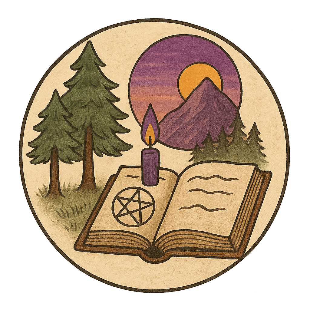 Libro degli incantesimi aperto con candela accesa, pentacolo e paesaggio di tramonto tra pini e montagne