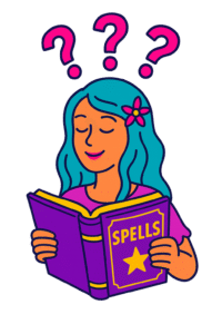 Illustrazione di una fata con capelli turchesi che tiene in mano un libro degli incantesimi, con tre punti interrogativi fluttuanti sopra la testa