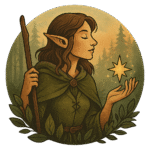 Elfa con mantello verde che evoca una stella magica in una foresta incantata