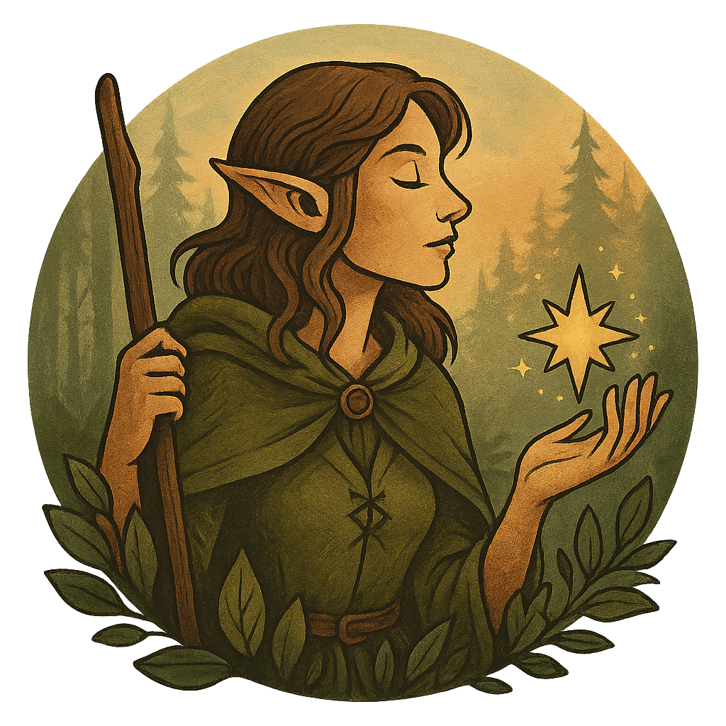 Elfa con mantello verde che evoca una stella magica in una foresta incantata