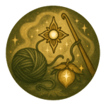 Gomitolo magico, uncinetto e fiori incantati su sfondo stellato