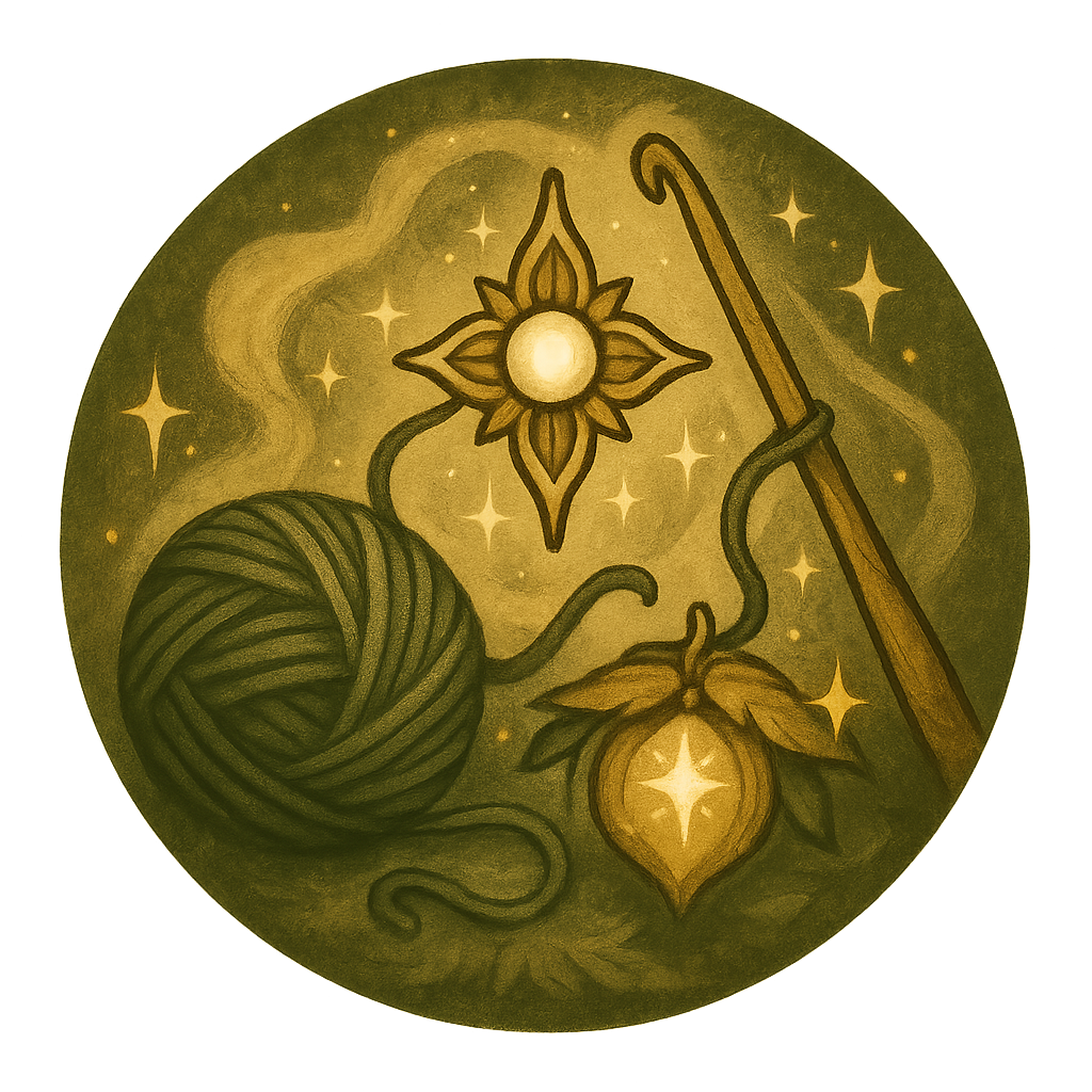 Gomitolo magico, uncinetto e fiori incantati su sfondo stellato