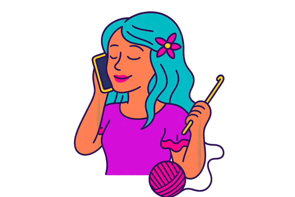 Illustrazione colorata di una donna fantasy con capelli turchesi, al telefono e con in mano un uncinetto, mentre un gomitolo rosa le cade vicino.