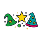 Illustrazione colorata di cappelli da strega e da mago con stelle magiche, simboli del mondo fantasy delle creazioni artigianali all’uncinetto