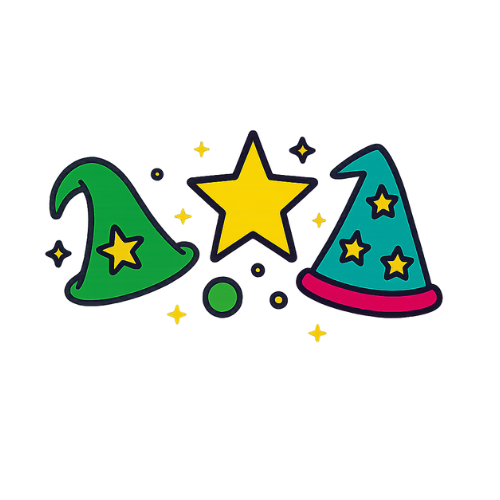 Illustrazione colorata di cappelli da strega e da mago con stelle magiche, simboli del mondo fantasy delle creazioni artigianali all’uncinetto