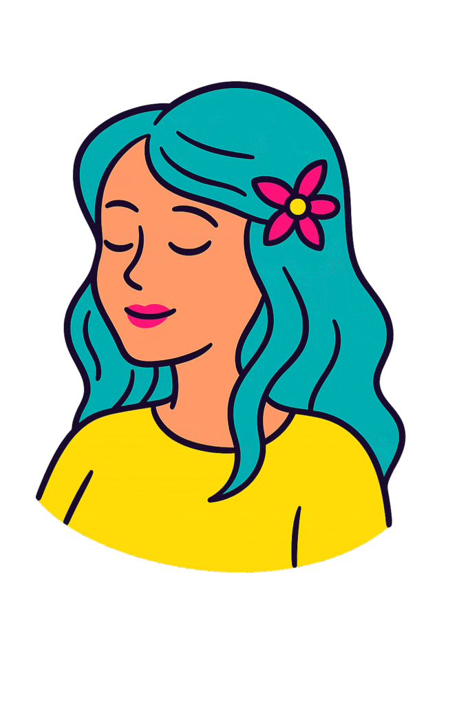 Illustrazione fantasy di una fata con capelli turchesi e fiore rosa tra i capelli, simbolo della magia artigianale del brand Magic Crochet Things