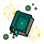 Illustrazione di un libro degli incantesimi aperto, con stelle magiche che fluttuano intorno