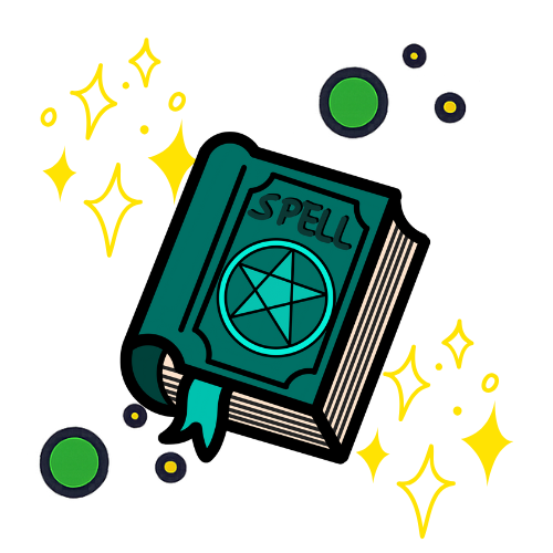 Illustrazione di un libro degli incantesimi aperto, con stelle magiche che fluttuano intorno